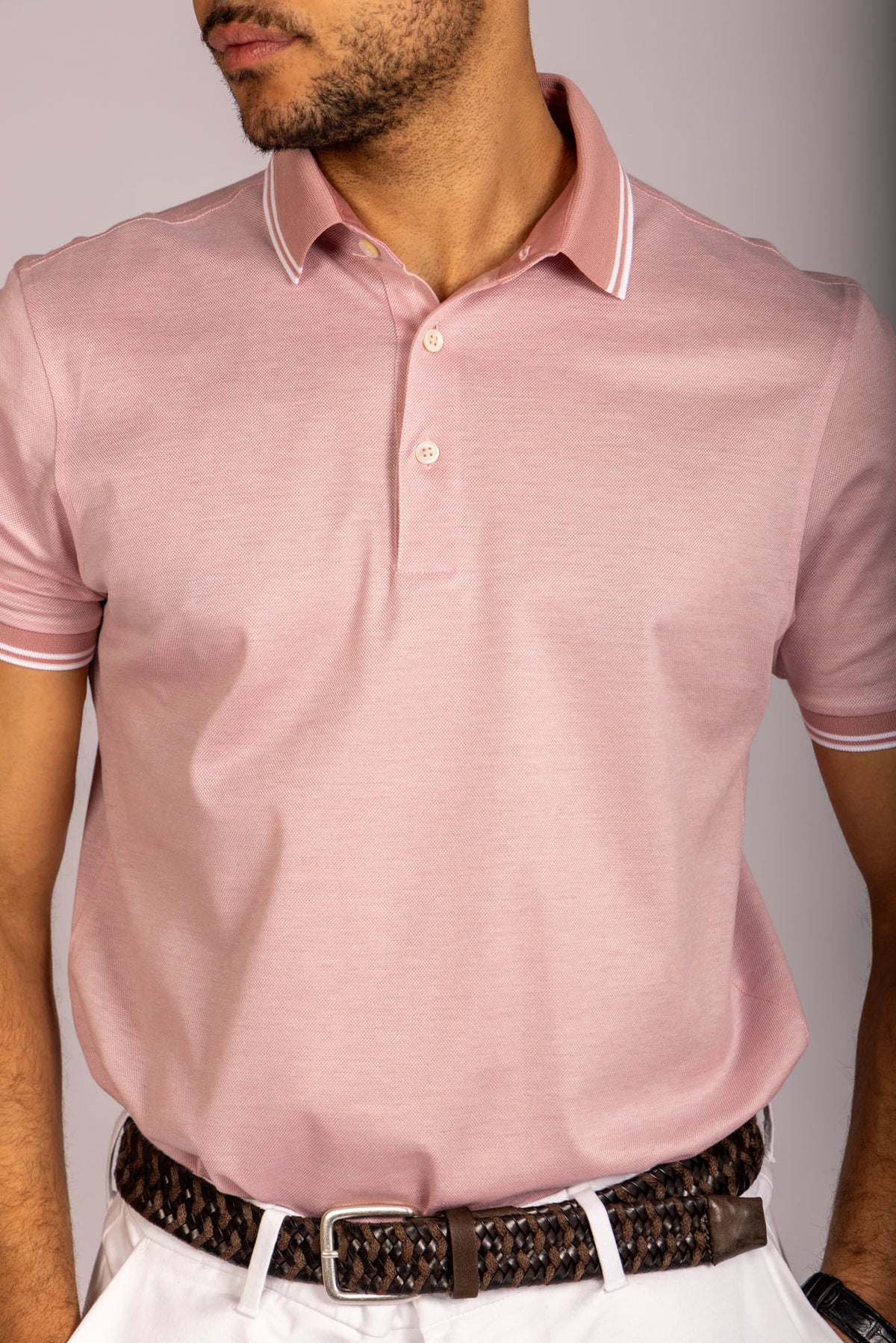Blush Pink & White Contrast-Tipped Cotton Polo Shirt