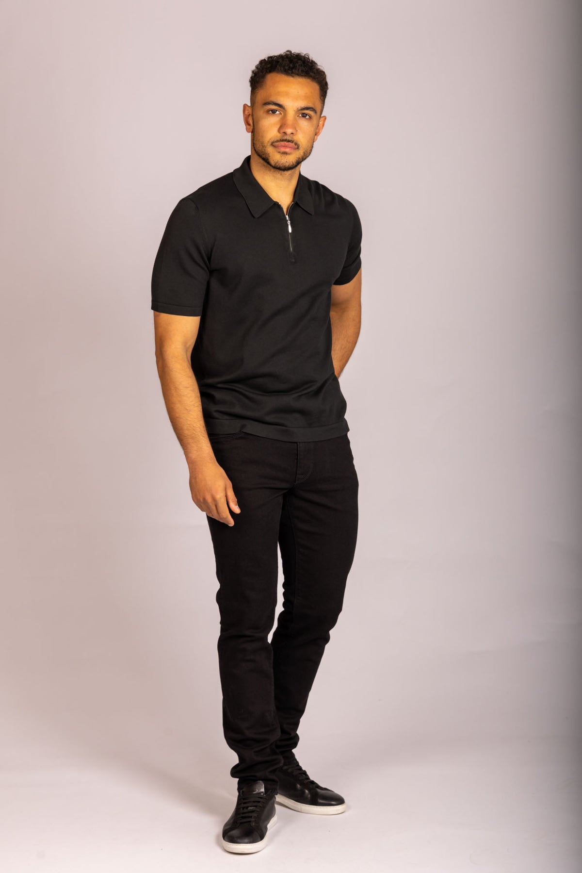 Jet Black Zip Cotton Polo Shirt