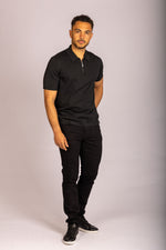 Jet Black Zip Cotton Polo Shirt