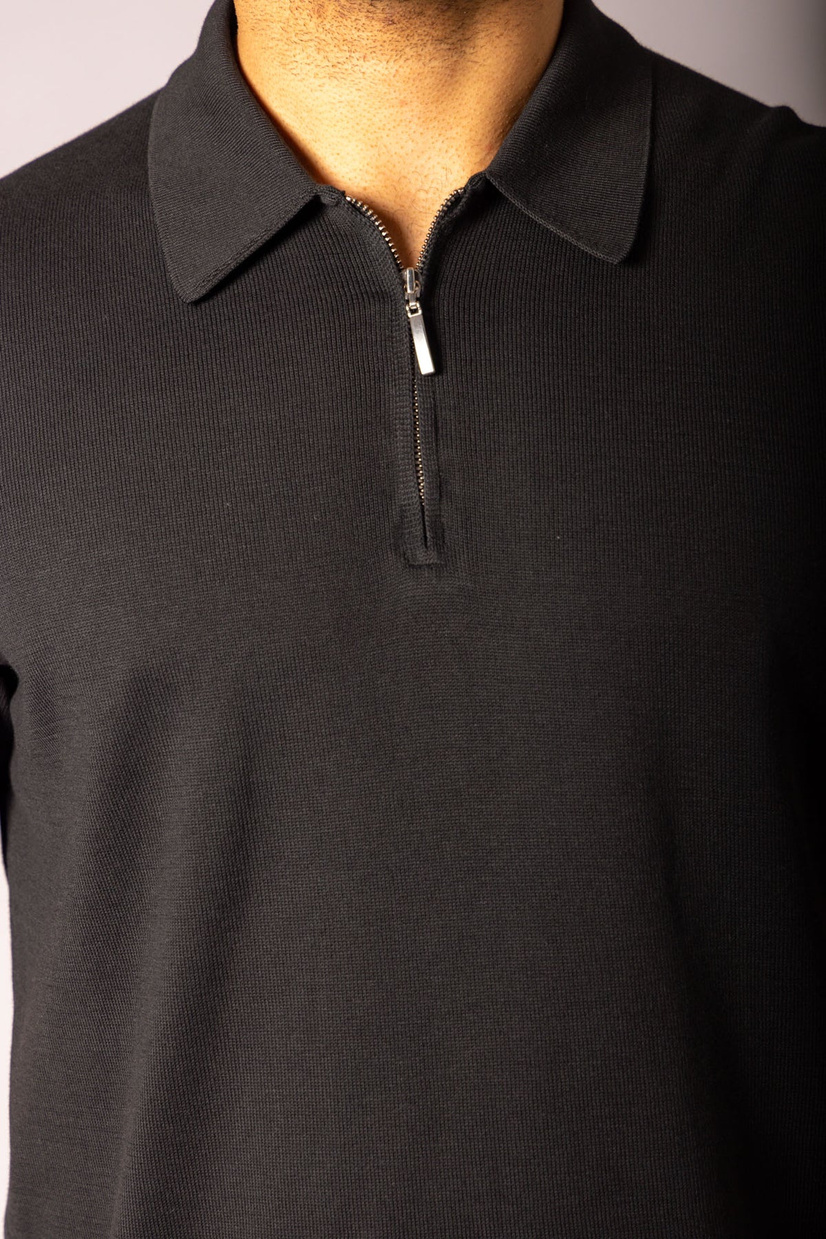 Jet Black Zip Cotton Polo Shirt