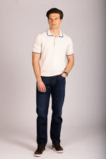 Oatmeal & Navy Contrast Tipped Knitted Cotton Polo