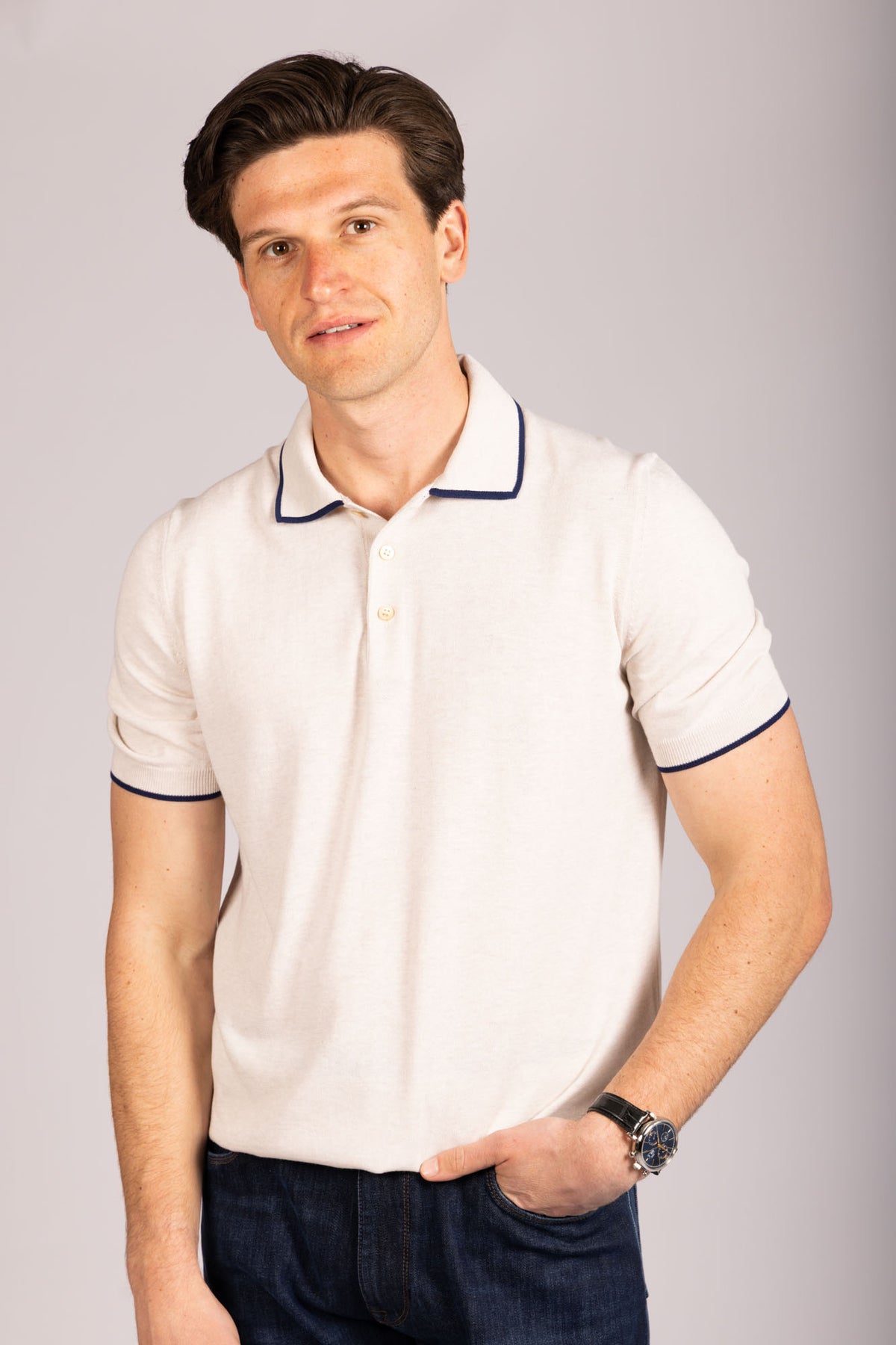 Oatmeal & Navy Contrast Tipped Knitted Cotton Polo