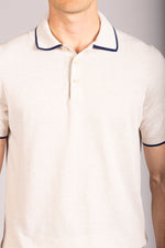 Oatmeal & Navy Contrast Tipped Knitted Cotton Polo