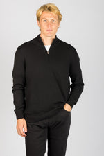 Front view of Featherstone London black wool-cashmere blend quarter zip jumper with embroidered logo