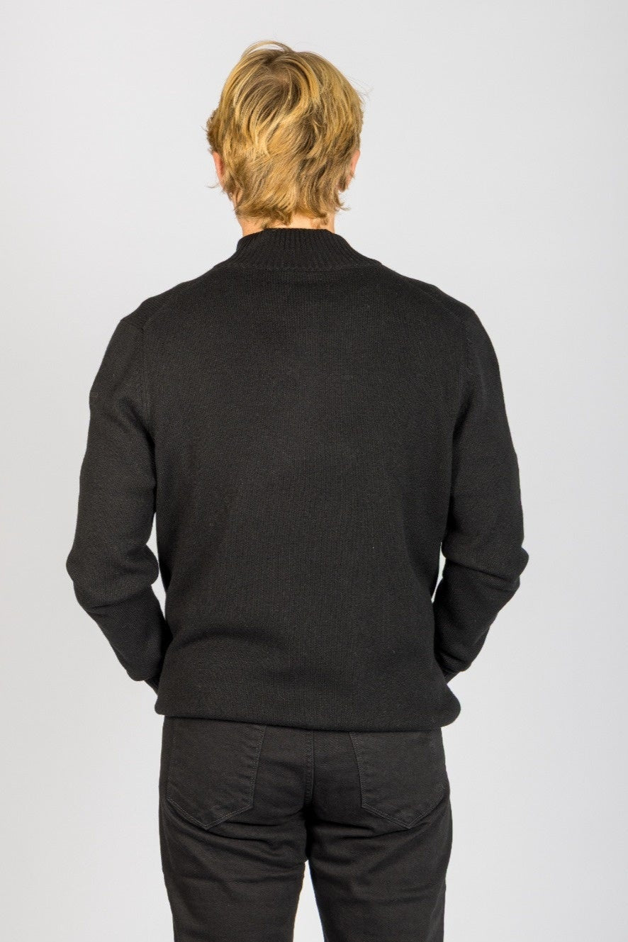 Back view of black wool-cashmere quarter zip jumper with ribbed hem
