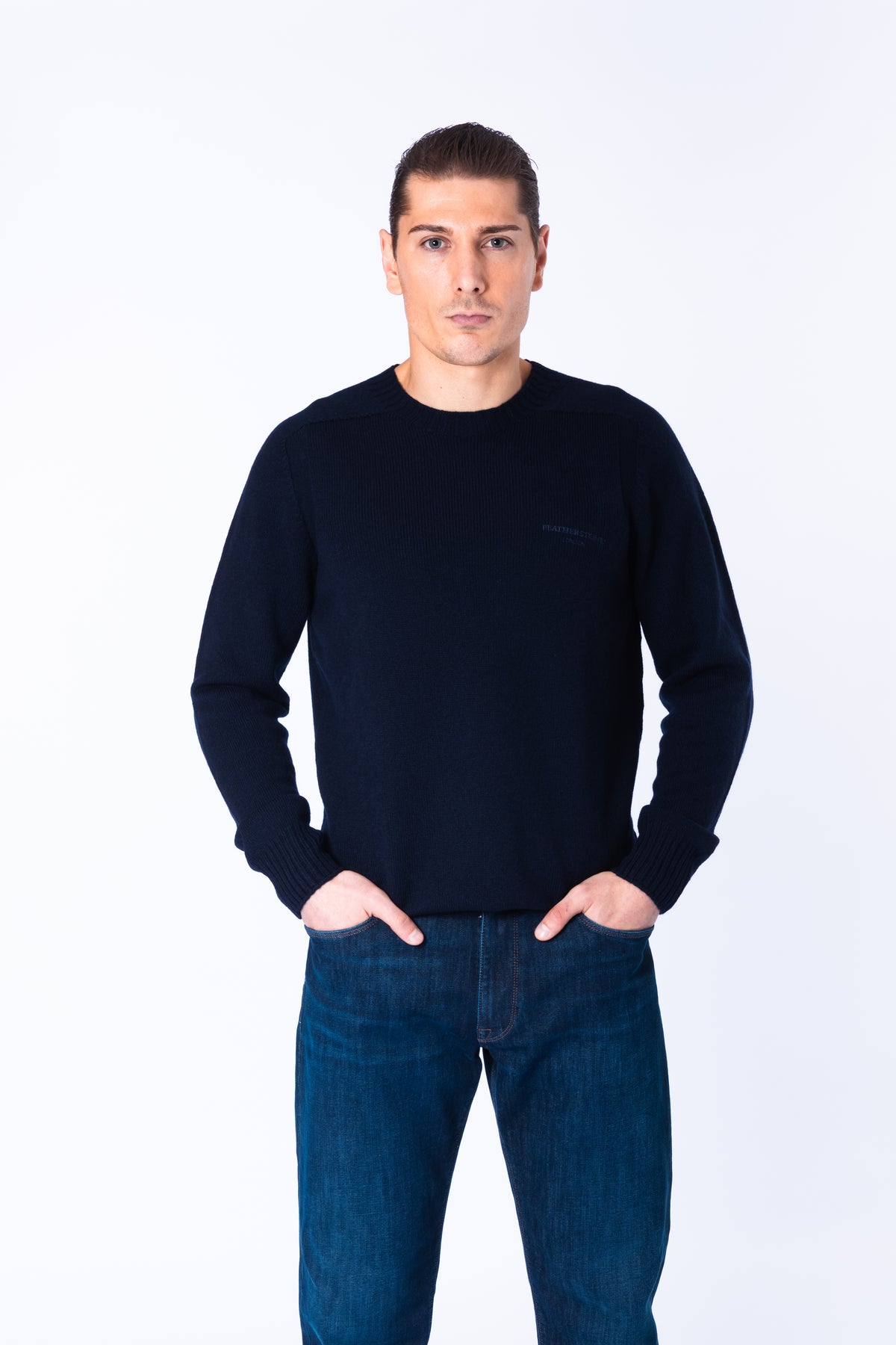 Navy Wool Ribbed Crew Neck Jumper with Embroidered Logo