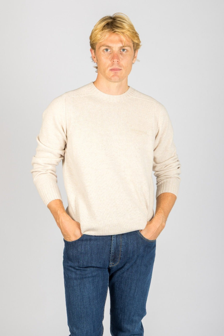 Front view of Featherstone London oatmeal marl wool crew neck jumper with embroidered logo