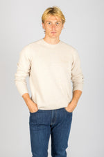 Front view of Featherstone London oatmeal marl wool crew neck jumper with embroidered logo