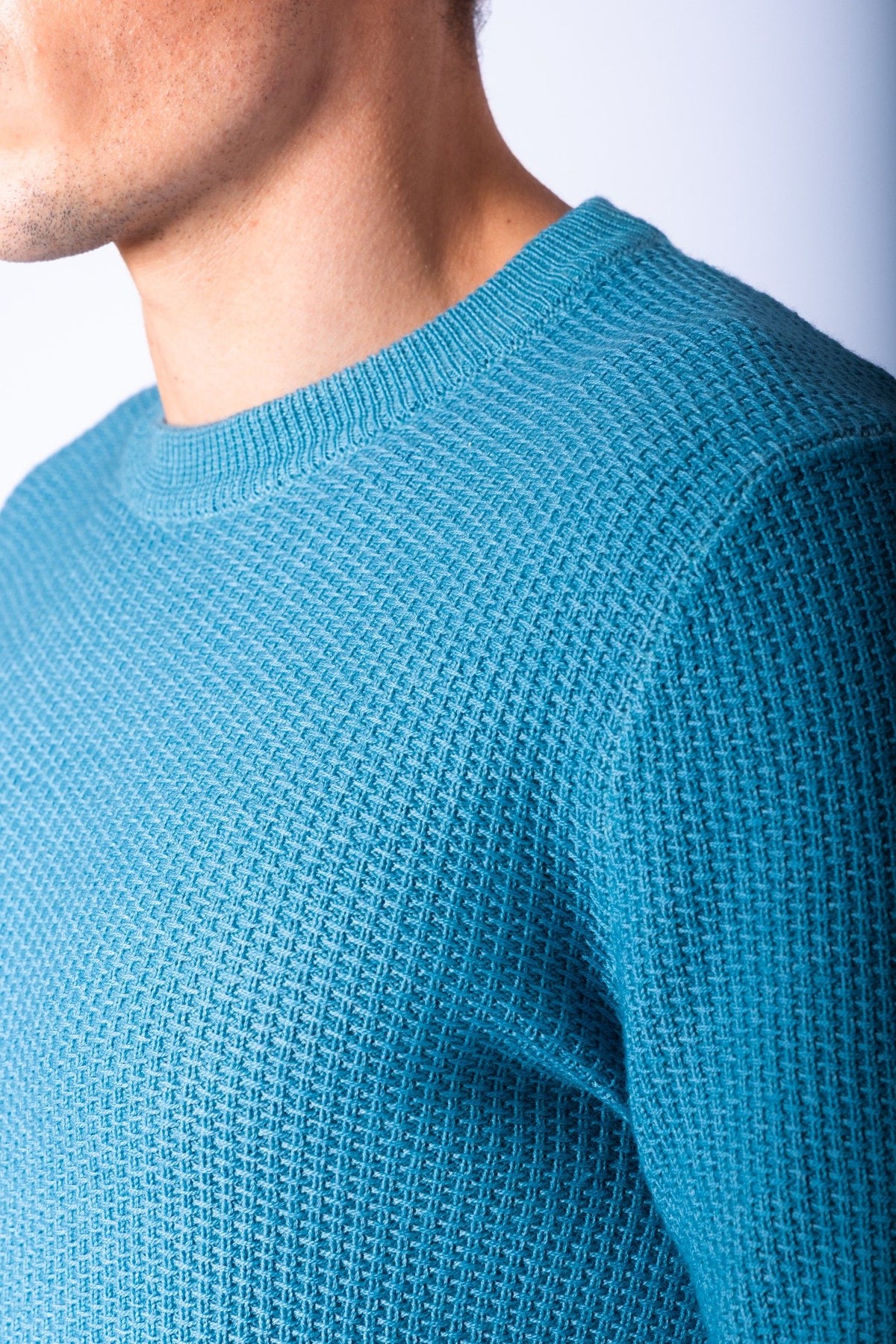 Sky Blue Textured Knit Crew Neck Jumper
