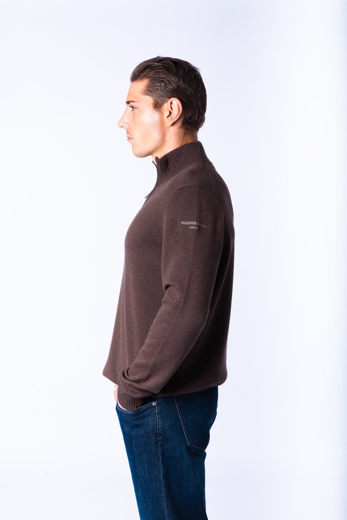 Brown Wool & Cashmere Quarter Zip Jumper with Embroidered Logo
