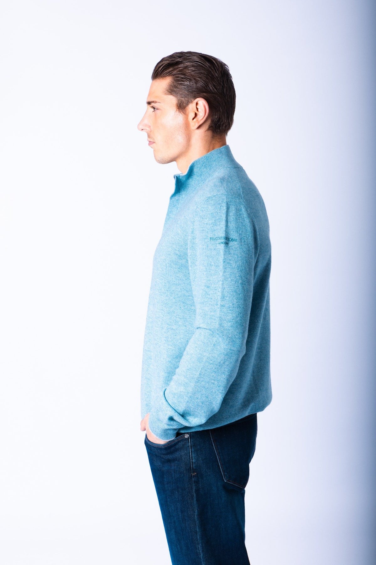Sky Blue Wool & Cashmere Quarter Zip Jumper with Embroidered Logo