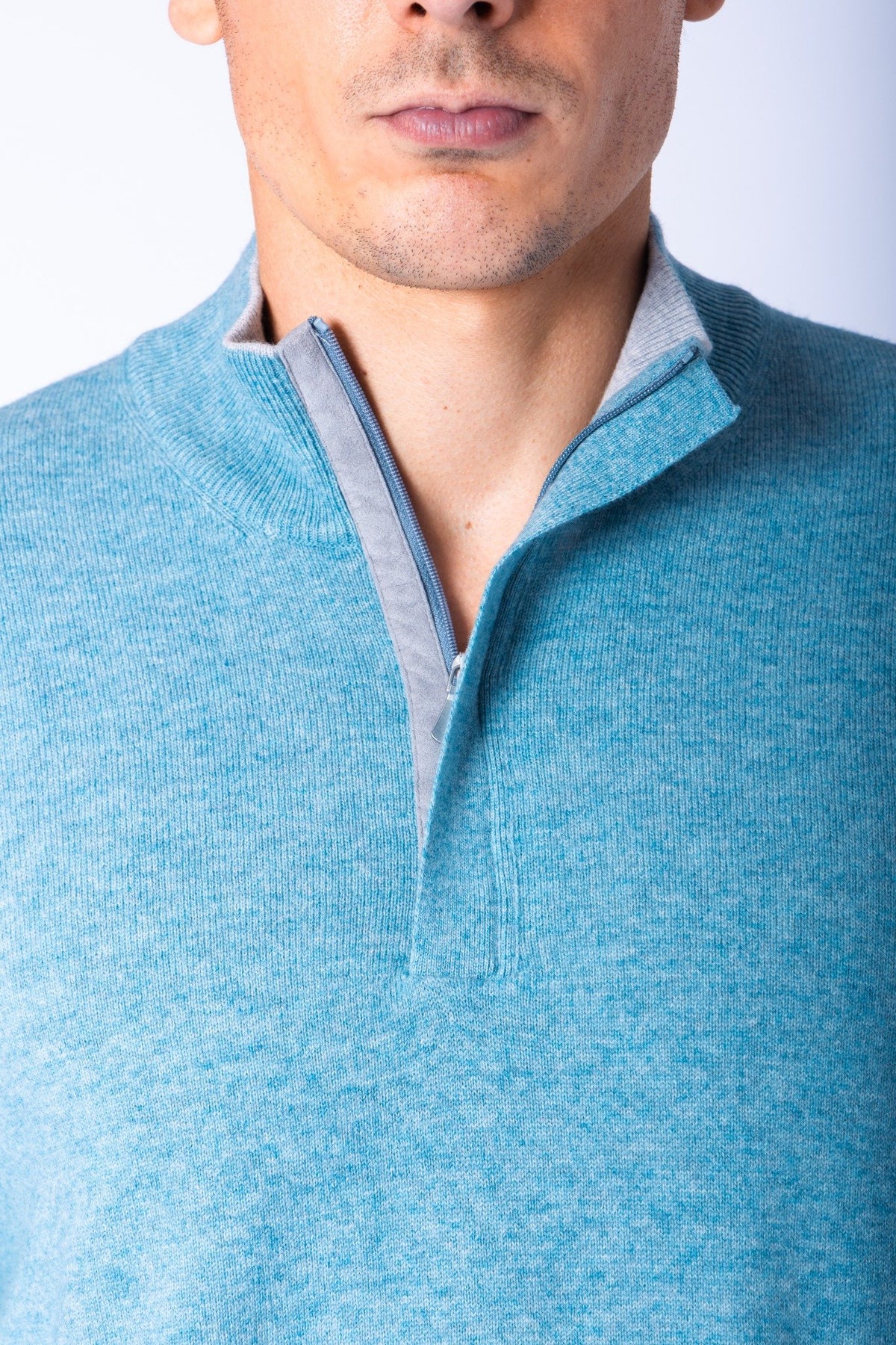 Sky Blue Wool & Cashmere Quarter Zip Jumper with Embroidered Logo