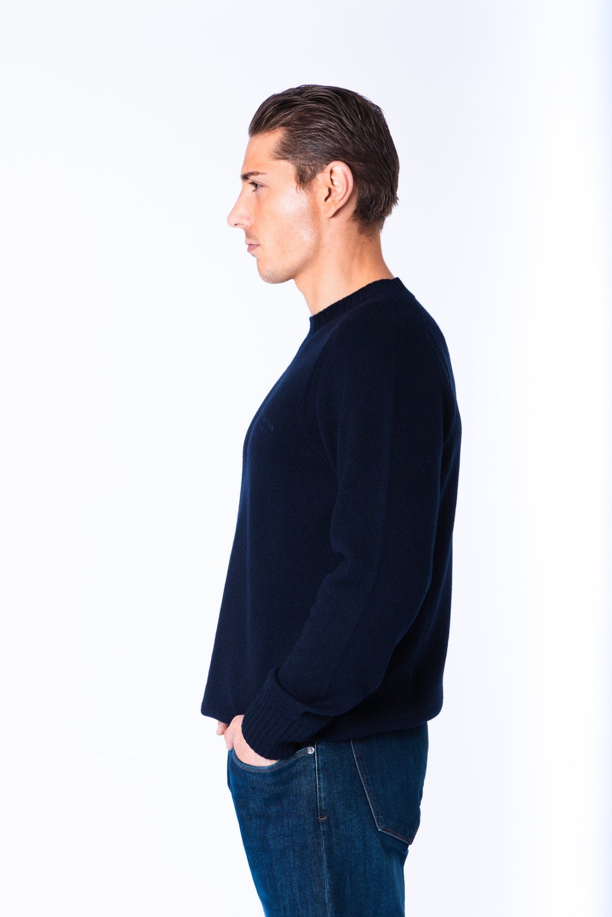 Navy Wool Ribbed Crew Neck Jumper with Embroidered Logo