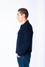 Navy Wool Knitted Polo with Embroidered Logo
