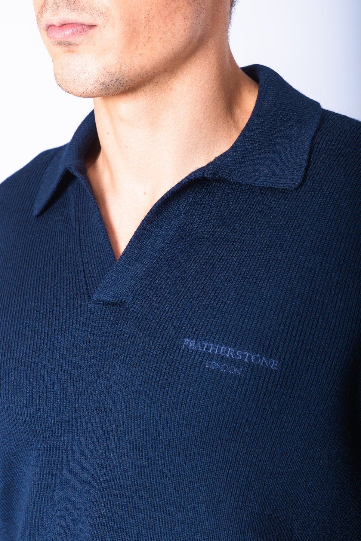 Navy Wool Knitted Polo with Embroidered Logo