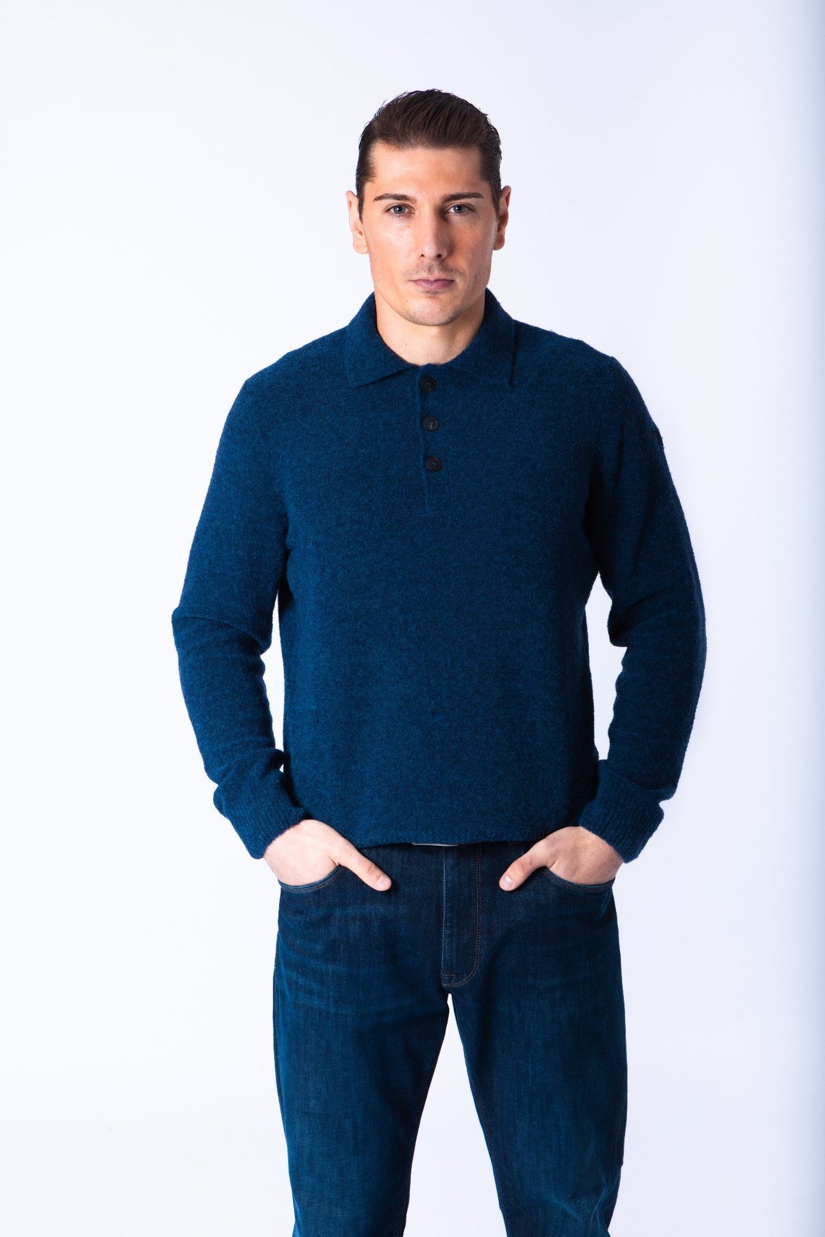 Navy Wool Textured Polo Jumper