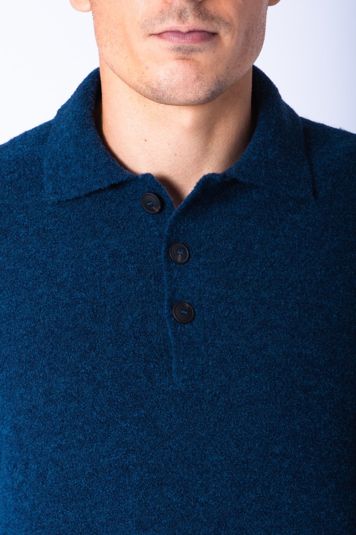 Navy Wool Textured Polo Jumper