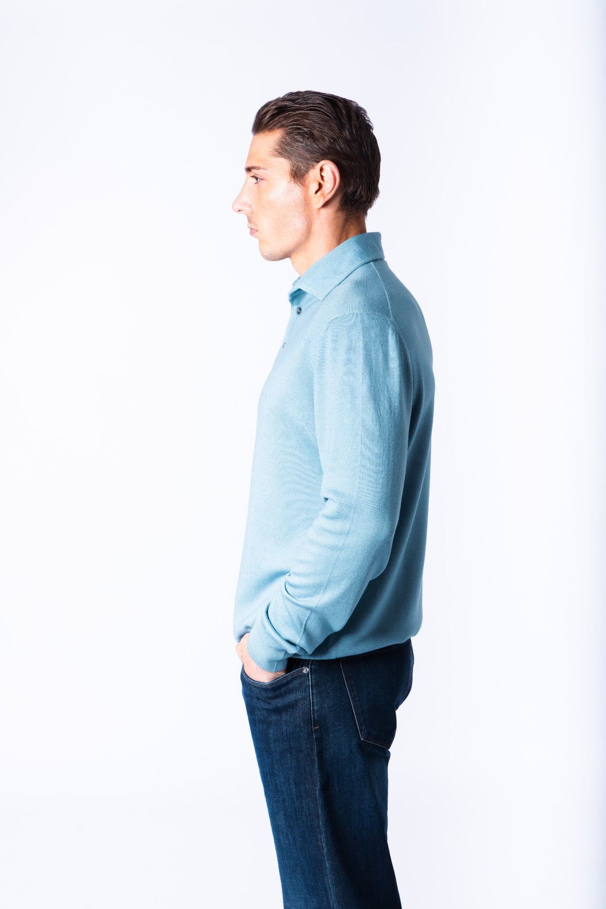 Sky Blue Fine Knit Polo Jumper