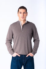 Taupe Wool & Cashmere Quarter Zip Jumper with Embroidered Logo