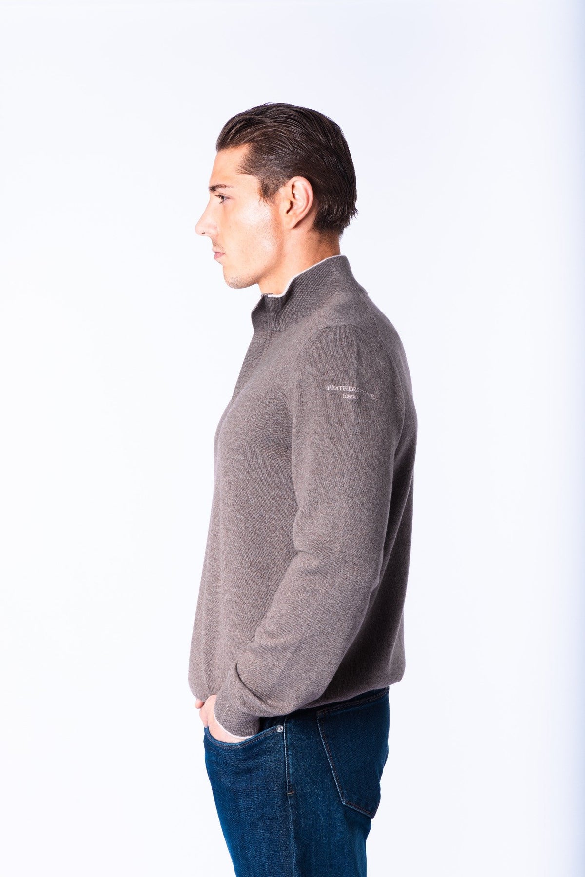 Taupe Wool & Cashmere Quarter Zip Jumper with Embroidered Logo