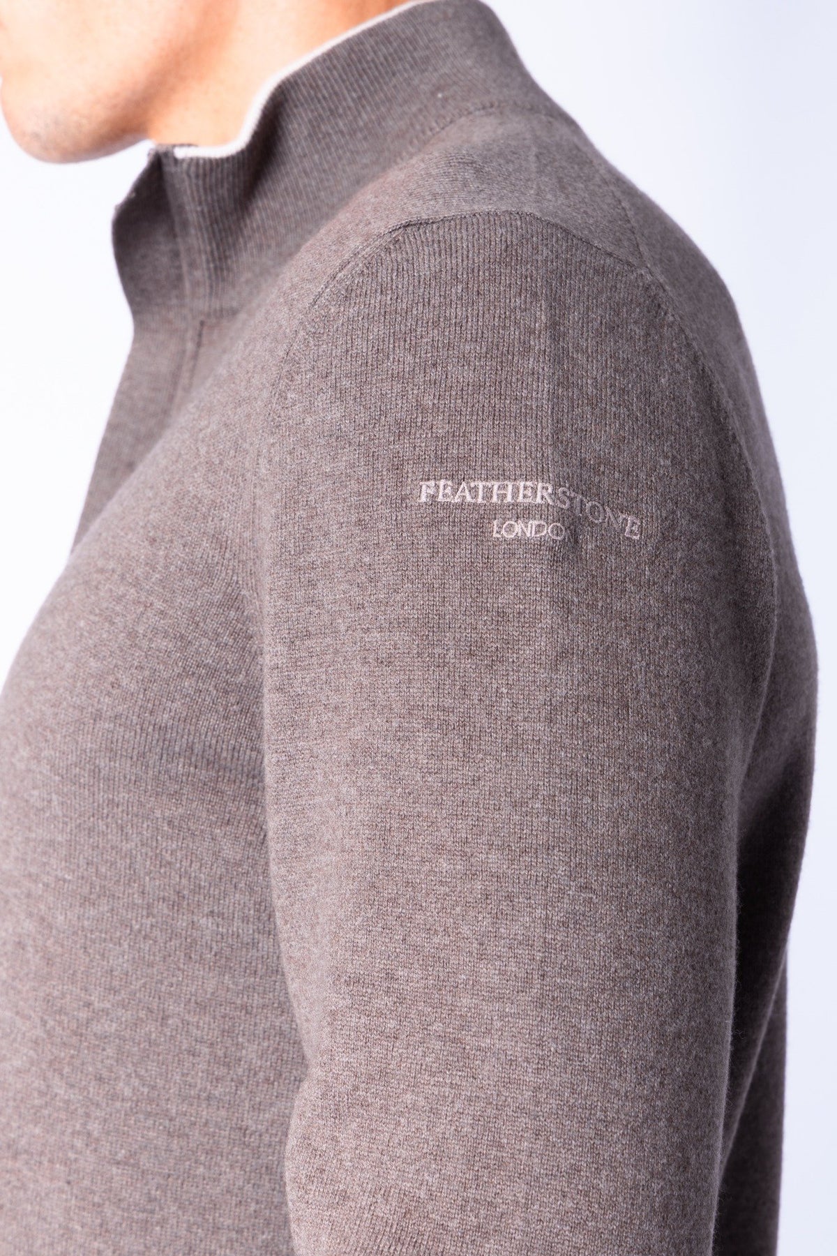 Taupe Wool & Cashmere Quarter Zip Jumper with Embroidered Logo